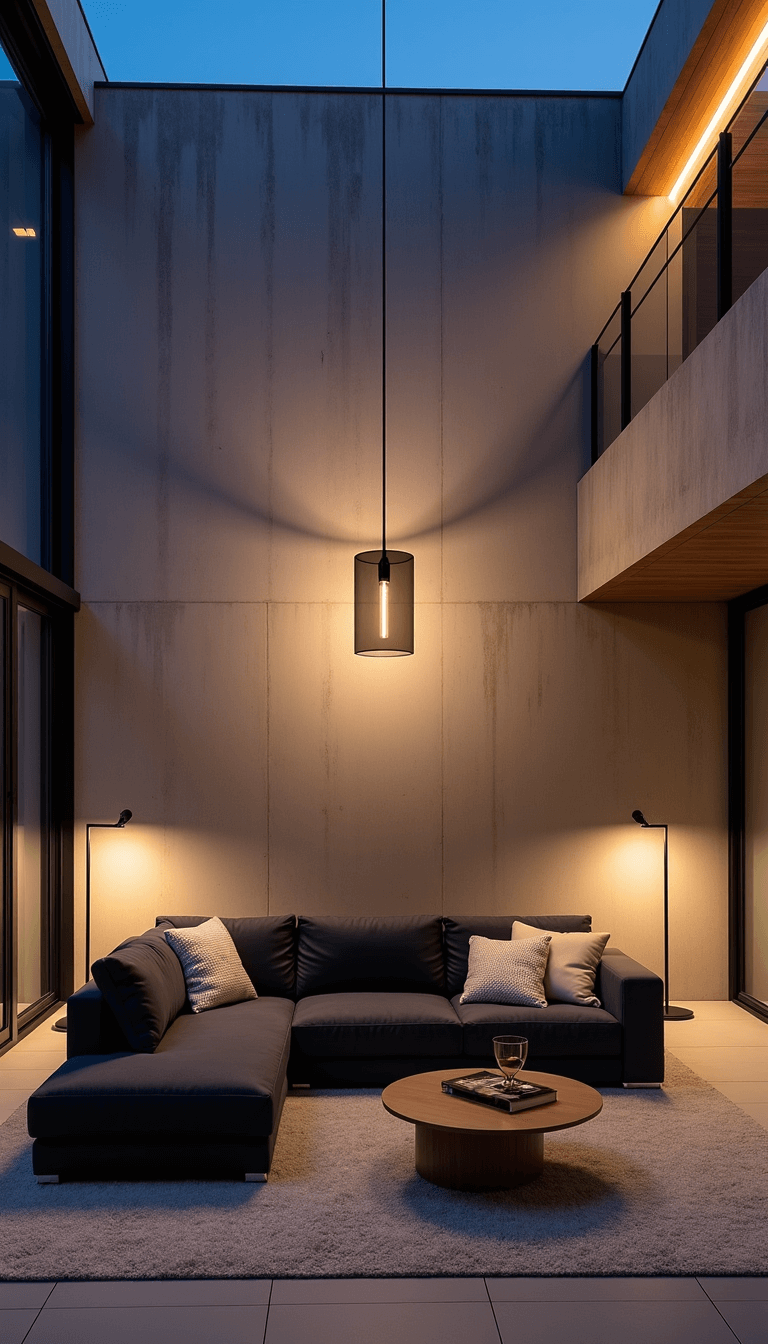 Creating a Cozy Living Room: The Ultimate Lighting Guide High-angle view of a modern 18x22ft living room at dusk showcasing layered lighting techniques, textured concrete wall, charcoal sectional with ivory throws, and blonde wood accents.