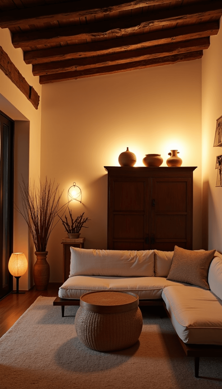 Dusk-lit, cozy 16x20ft living space with wooden beams, plastered walls, Korean cabinet, contemporary sofa and decor including baskets and ceramics, lit by paper lanterns and candles.