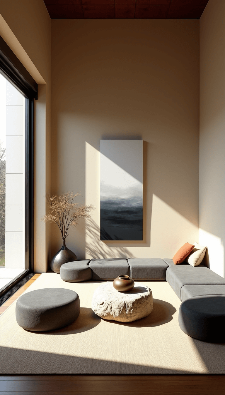 Spacious, light-filled 22x26ft open-concept living area with sunlight streaming through sliding shoji screens creating interesting shadow patterns. The room demonstrates an aesthetically pleasing arrangement of modular seating, a prominent stone coffee table, minimal artwork featuring a large-scale sumi-e painting and strategically placed ikebana arrangements. Room textures and colors encapsulate smooth stone, rough pottery, soft linen, charcoal, cream, and warm wood tones.