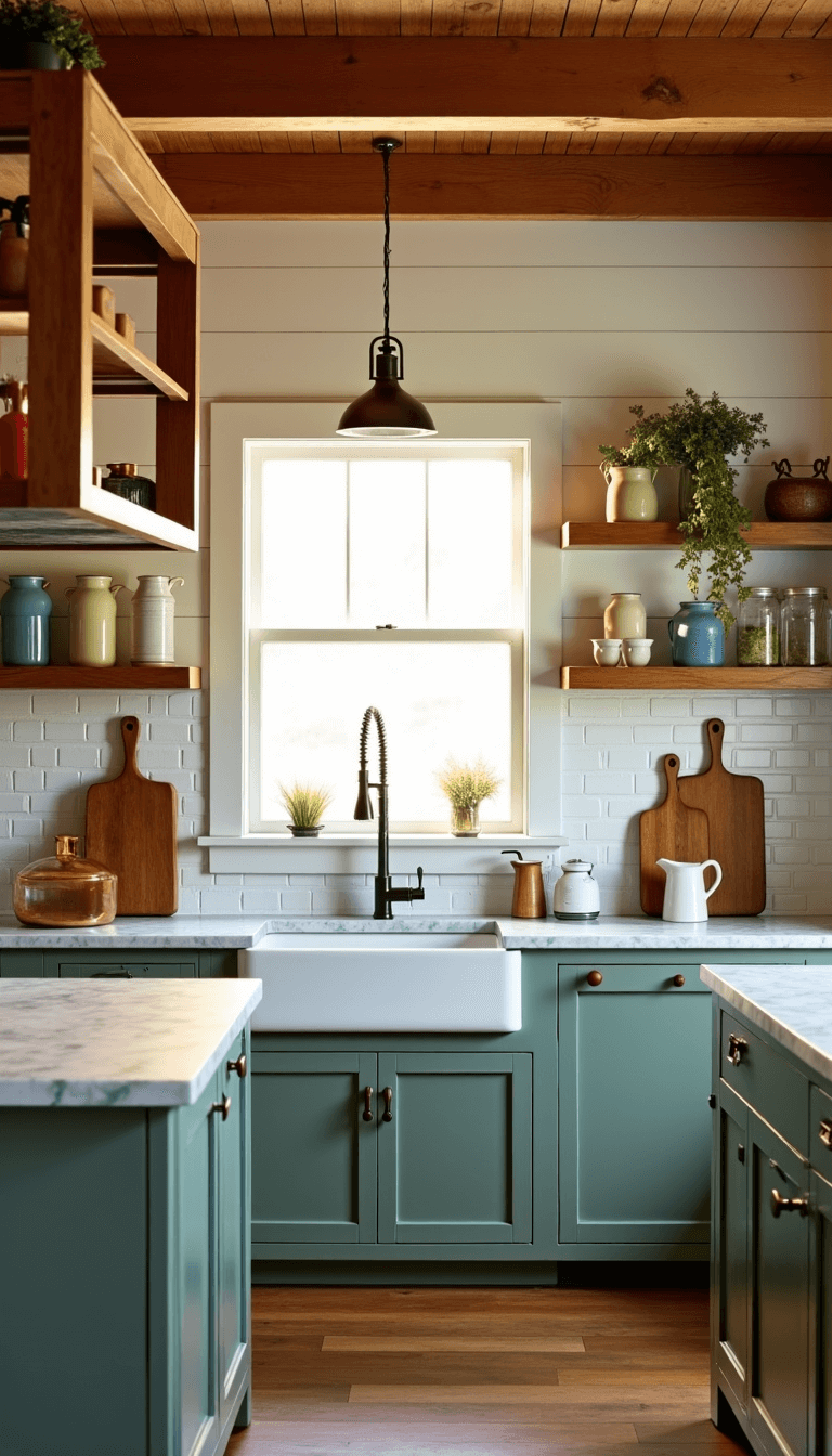 Antique Kitchen Decor: Create a Timeless, Charming Culinary Haven Sunlit farmhouse kitchen with oak beams, white shiplap walls, a sage green marble-topped island, antique breadboards against a subway tile backsplash, cream and blue enamelware pitchers on wooden shelves, mason jars filled with dried herbs on window sill, shot at counter height at 35mm creating warm ambient light with a focus on textures of wood, copper, and enamel.