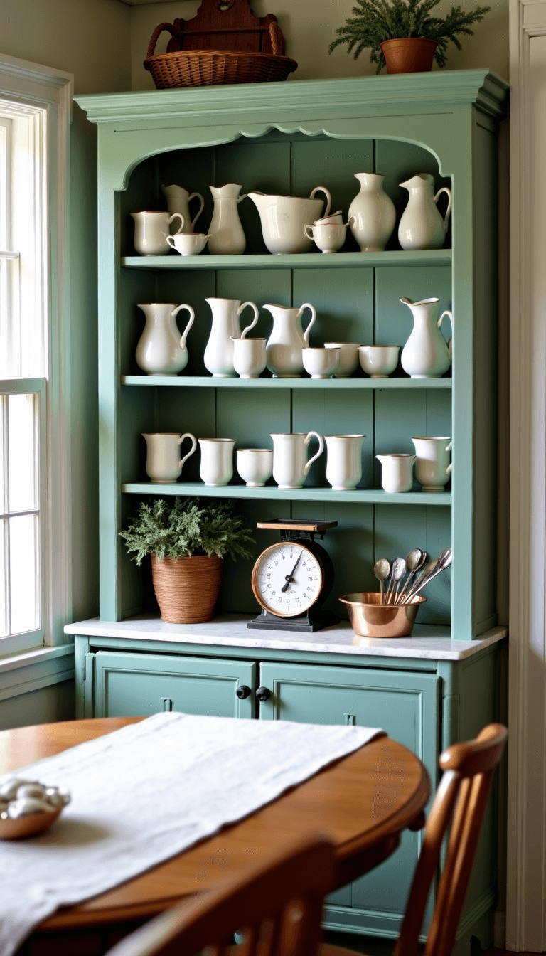 Antique Kitchen Decor: Create a Timeless, Charming Culinary Haven Vintage breakfast nook with mint-green hutch displaying ironstone pitchers and gold-rimmed teacups, marble shelf with vintage scale and copper cooking utensils, under soft morning light.