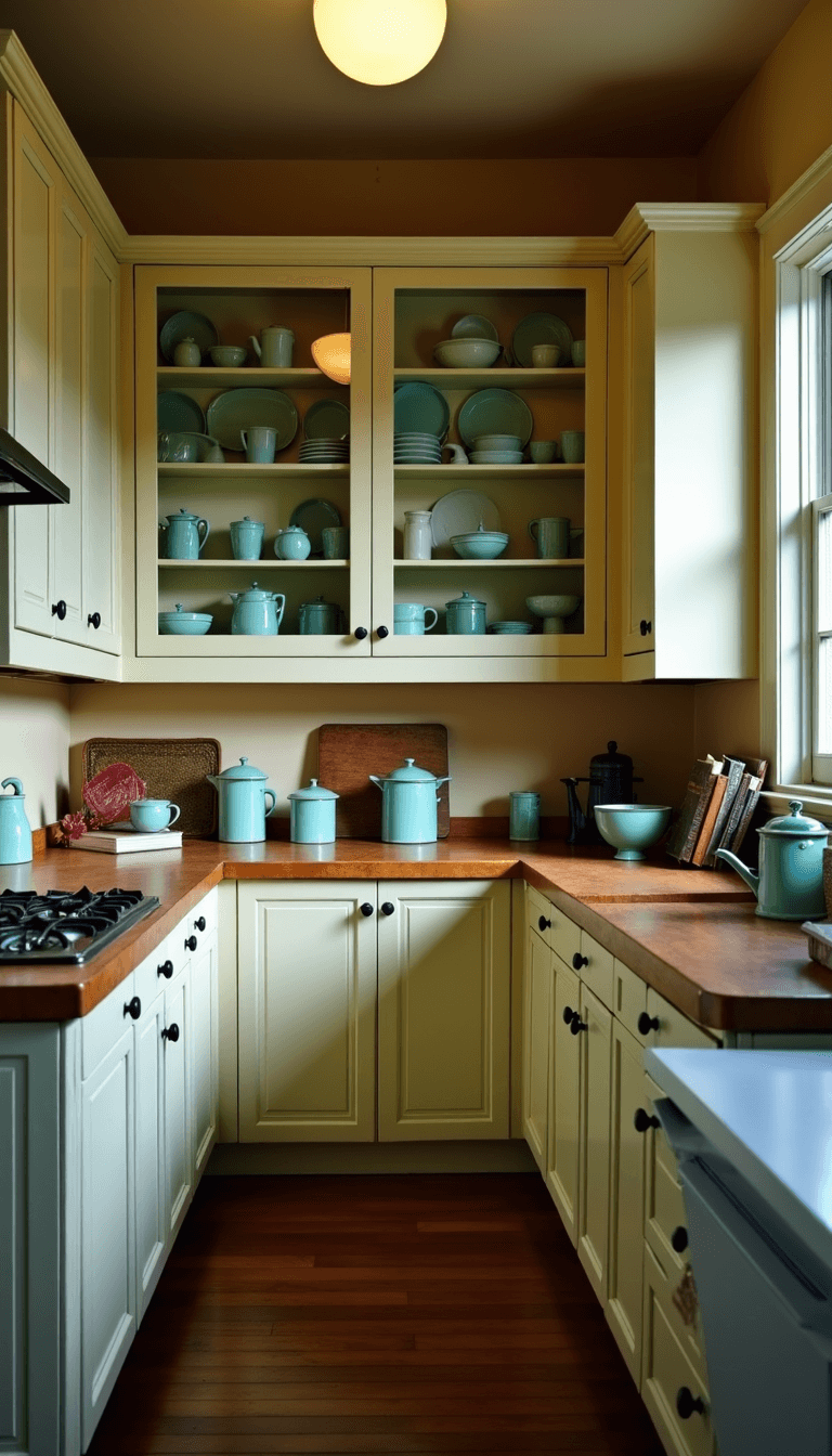 Antique Kitchen Decor: Create a Timeless, Charming Culinary Haven 1920s galley kitchen in moody lighting with cream-colored cabinets filled with jadeite dishware, butcher block counters with vintage items, and schoolhouse pendant light.