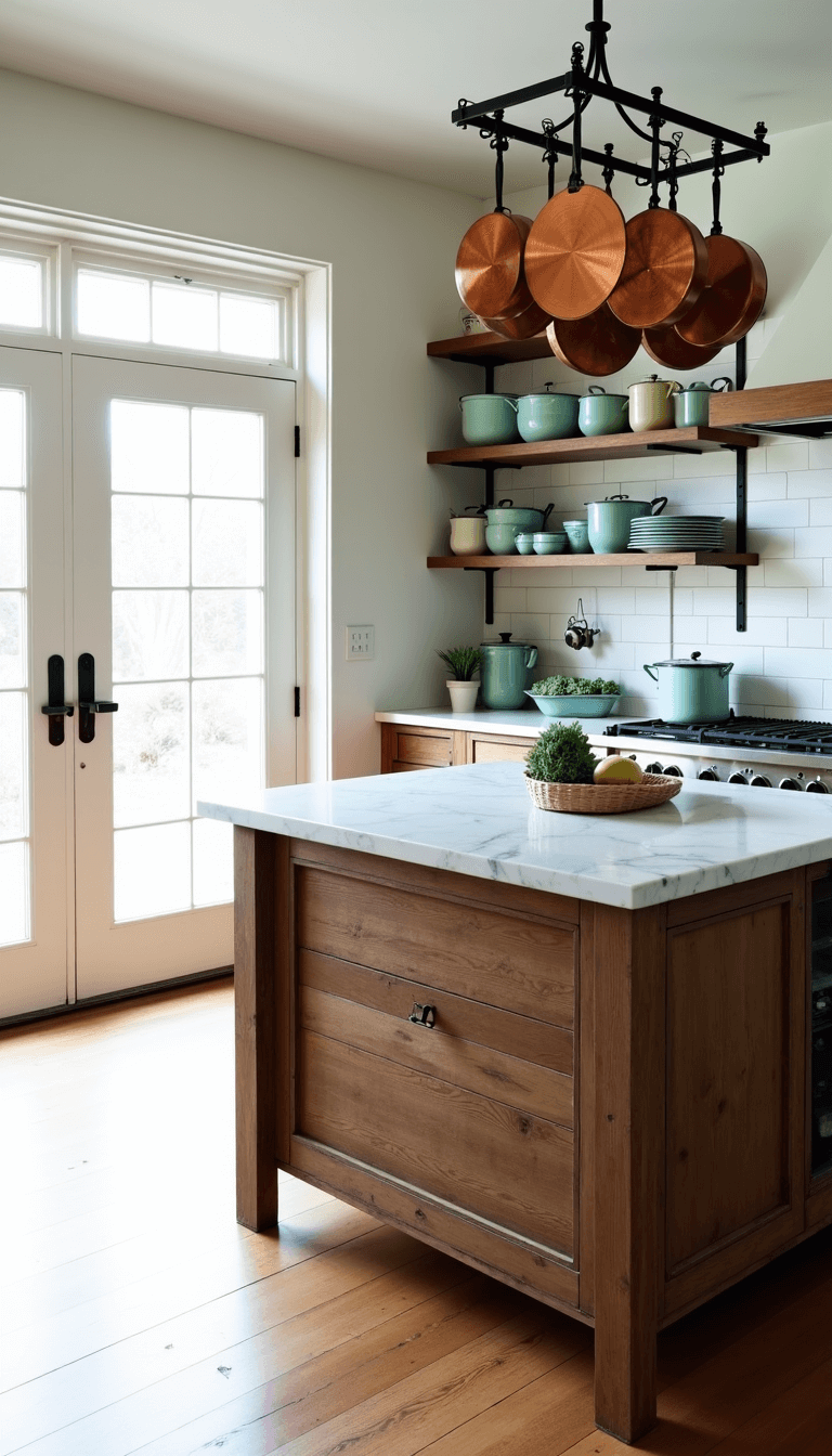 Antique Kitchen Decor: Create a Timeless, Charming Culinary Haven Bright, modern-farmhouse kitchen filled with mid-morning light highlighting a large island with reclaimed barn wood base and white marble top, on a backdrop of white oak floors and architectural features displayed from a wide-angle corner shot.