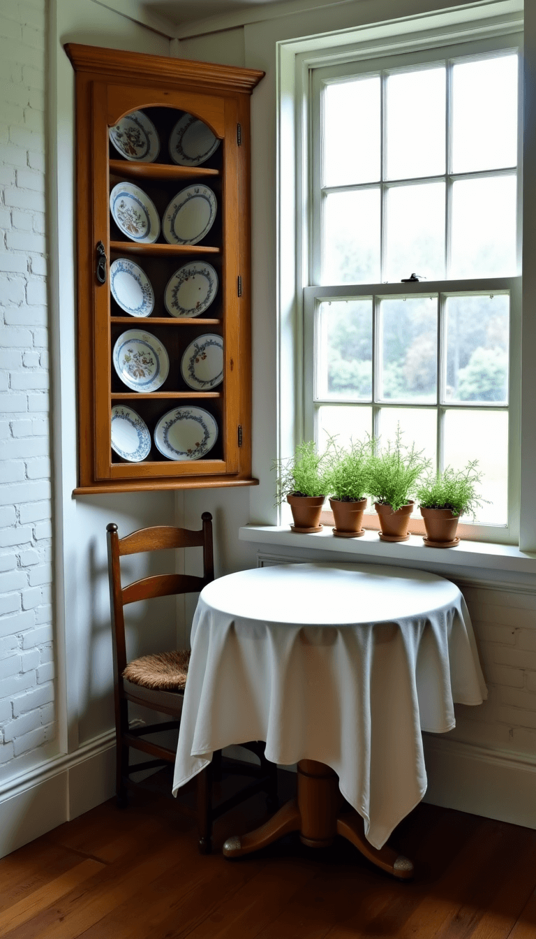 Antique Kitchen Decor: Create a Timeless, Charming Culinary Haven Cozy kitchen nook in a cottage with whitewashed brick walls, antique pine corner cabinet displaying plates, rustic wooden stool under a table with vintage tablecloth, and fresh herbs on windowsill.