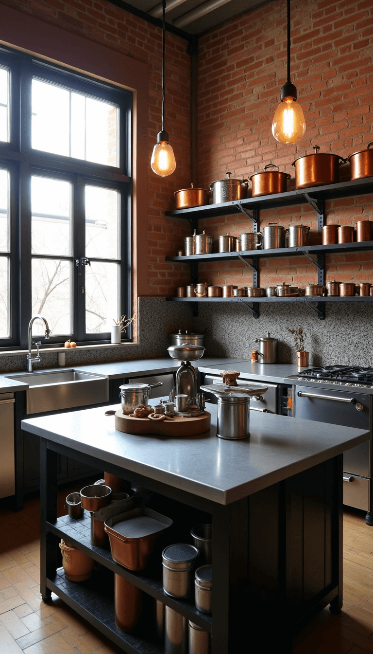 Antique Kitchen Decor: Create a Timeless, Charming Culinary Haven Vintage industrial style kitchen in afternoon lighting, showcasing exposed brick walls, salvaged factory windows, and a collection of vintage pudding molds and copper cookware on a metal rack, with a zinc-topped island adorned with enamel canisters and a mechanical scale.