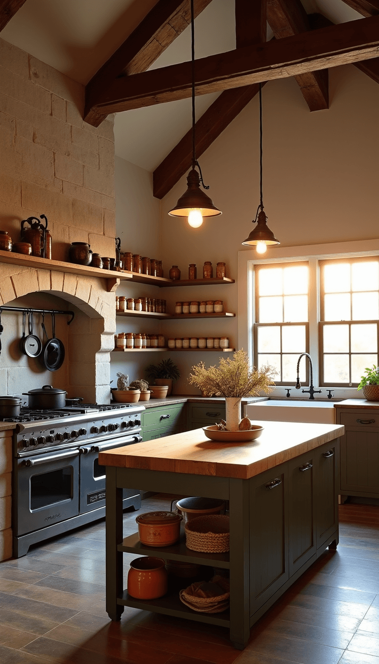 Antique Kitchen Decor: Create a Timeless, Charming Culinary Haven Sunset lit, rustic country kitchen featuring a cathedral ceiling with exposed rafters, white plaster walls, stone hearth stacked with cast iron pans, open shelves of amber canning jars and pottery, and a butcher block island under vintage lights. Room is shot from the corner at 24mm.