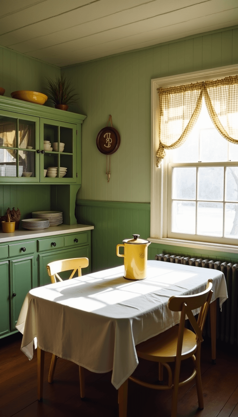 Antique Kitchen Decor: Create a Timeless, Charming Culinary Haven Vintage kitchen bathed in morning light with beadboard ceiling, sage green walls, antique cabinet displaying yellowware bowls, gingham curtains, wooden table with vintage linens and a coffee pot