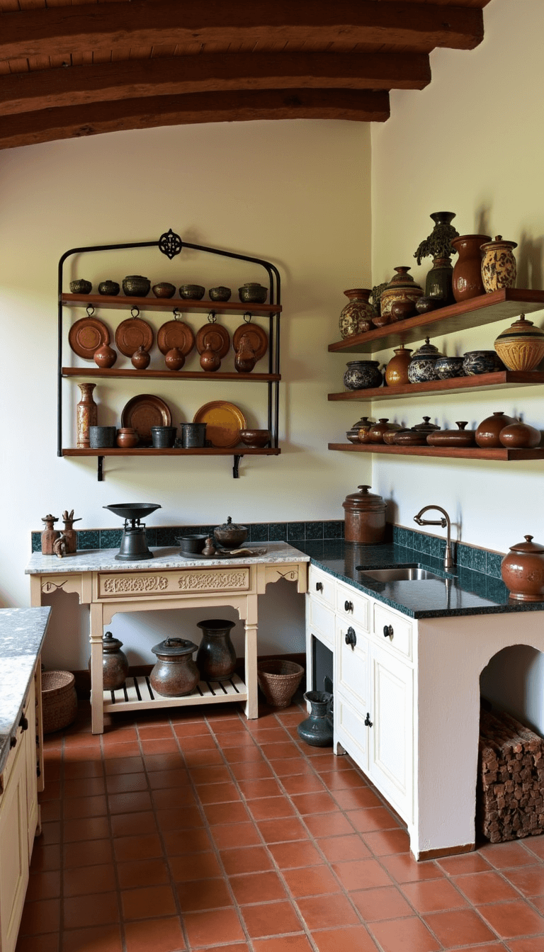 Antique Kitchen Decor: Create a Timeless, Charming Culinary Haven Vintage Mediterranean kitchen in the afternoon with contrasting terracotta floors and cream walls, wooden beams, iron pot rack with copper cookware, colorful majolica pottery on open shelves, and a marble-topped table with vintage scales and earthenware bowls