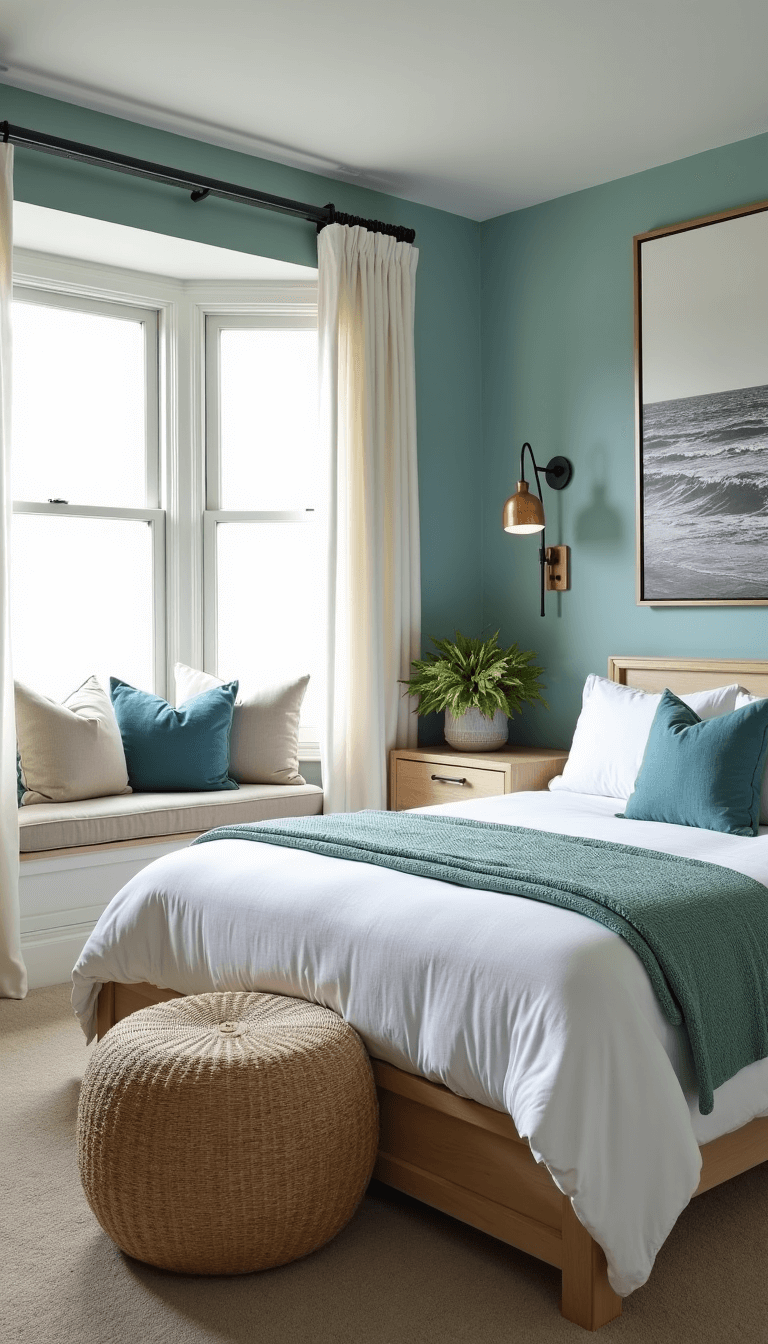 Coastal bedroom with afternoon light, platform bed, window seats, blue and sand colored accents, and black and white ocean photography.