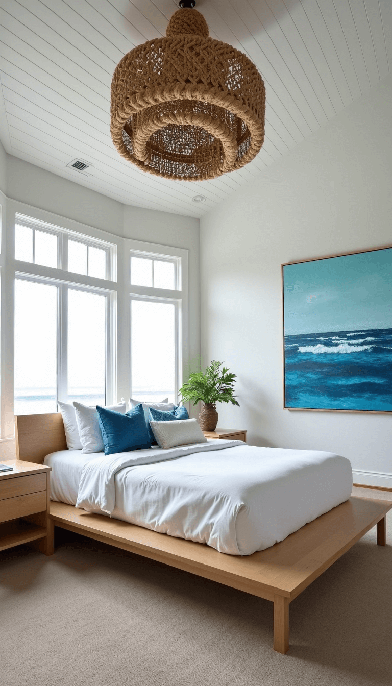Illuminated coastal retreat with bleached oak platform bed, white duvet, blue accent pillows, rope chandelier, and coastal-themed styling including shell collections and seascape artwork.