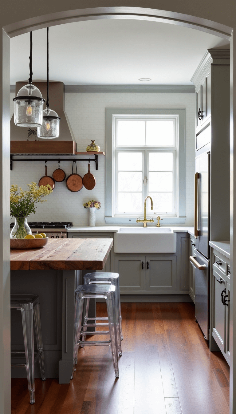 Vintage Modern Farmhouse: Creating Timeless Comfort with Contemporary Flair Airy, contemporary 15x18ft kitchen with dove grey shaker cabinets, marble countertops, brass fixtures, vintage copper pots, and modern ghost stools, bathed in soft morning light filtering through cafe curtains.