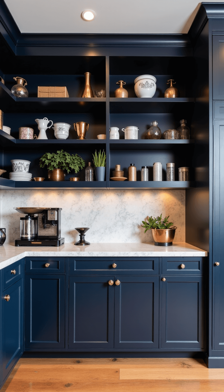Vintage Modern Farmhouse: Creating Timeless Comfort with Contemporary Flair 5041butlers Pantry Navy Marble Copper
