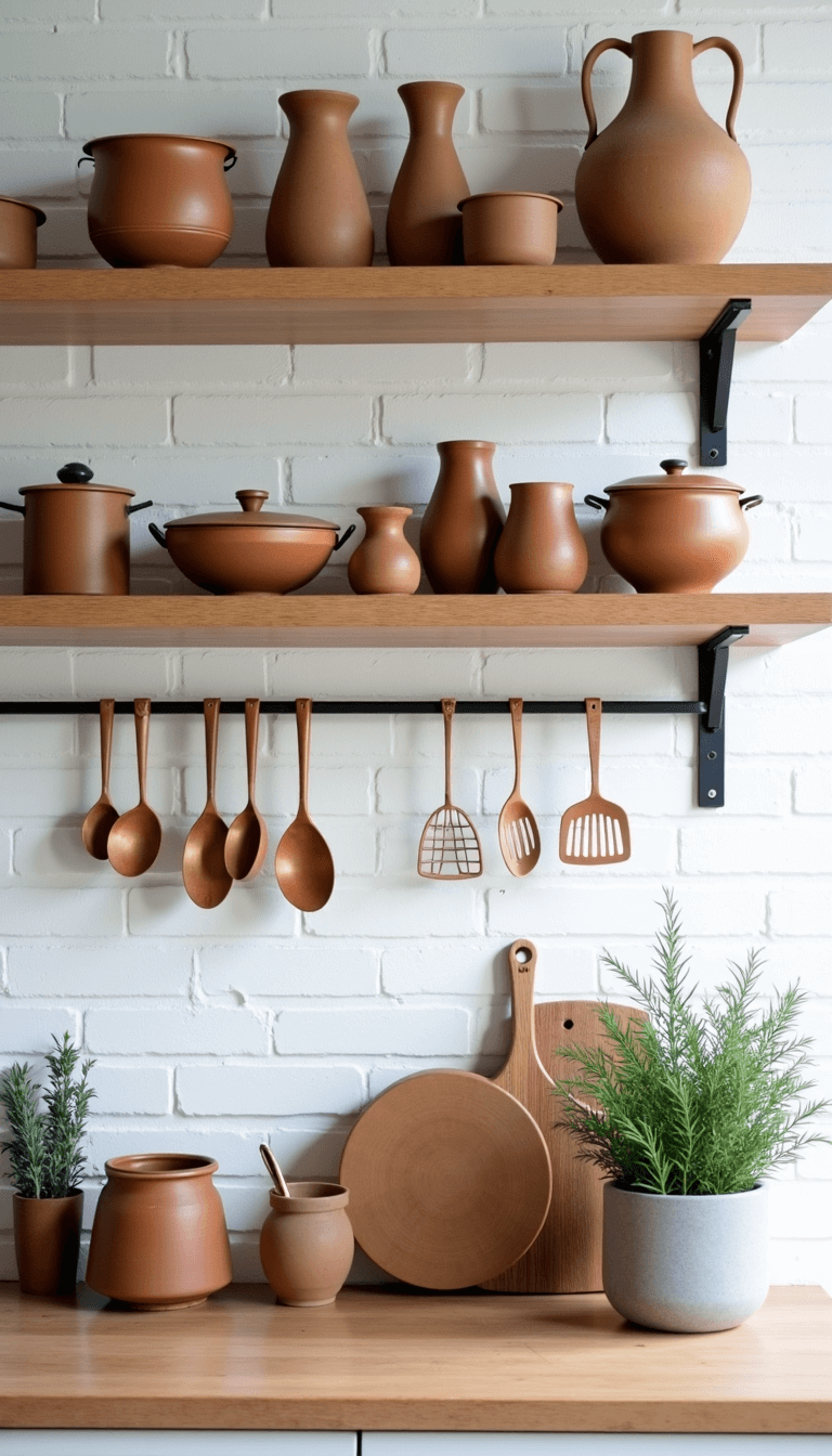 Creating a Stunning Nordic Kitchen: Your Ultimate Design Guide Detailed shot of a small Nordic kitchen with white oak shelves on white brick walls, earth-toned pottery, copper utensils, and fresh herbs in concrete planters, illuminated by side lighting.