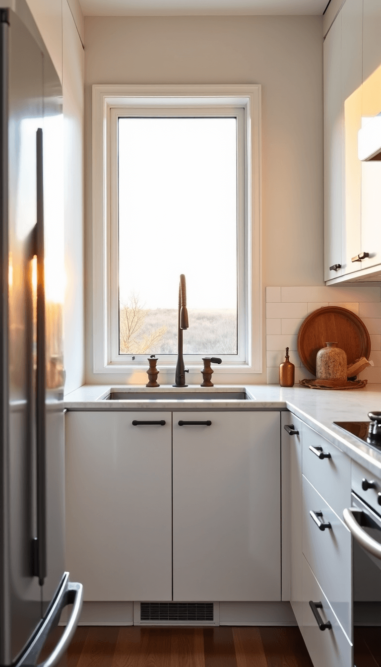 Modern white and grey kitchen with stainless appliances, waterfall quartz countertop, and metallic accents illuminated by warm sunlight