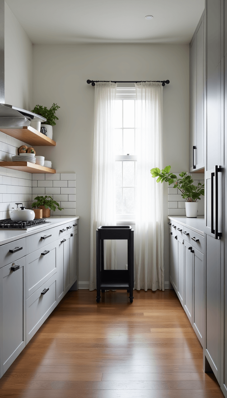 Corner view of a modern bright galley kitchen at mid-morning with light gray cabinets, minimalist white ceramics on bleached oak shelves, oversized glossy tiles on the backsplash, and a matte black rolling cart.