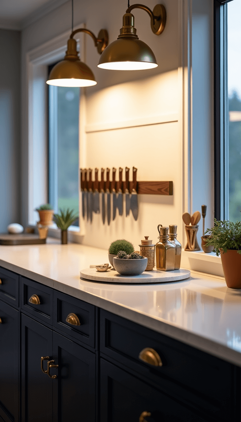 Small kitchen at dusk with pendant lighting, navy lower cabinets with brass hardware, contrasting white upper cabinets, professional knives on a magnetic strip, and styled accessories on a marble tray