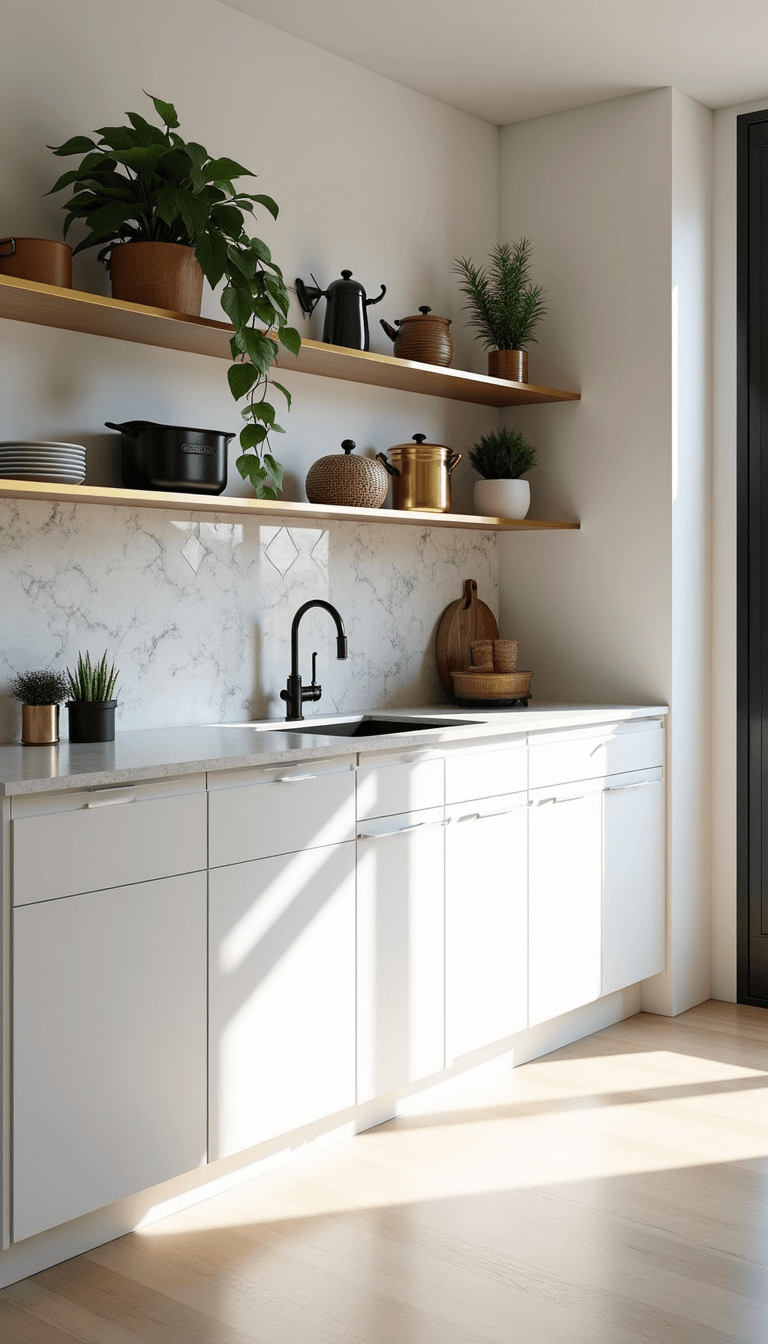 Petite kitchen with white cabinetry, geometric marble tiles backsplash, open gold shelving with cookware and plants, and floor-to-ceiling windows illuminating the space at midday.