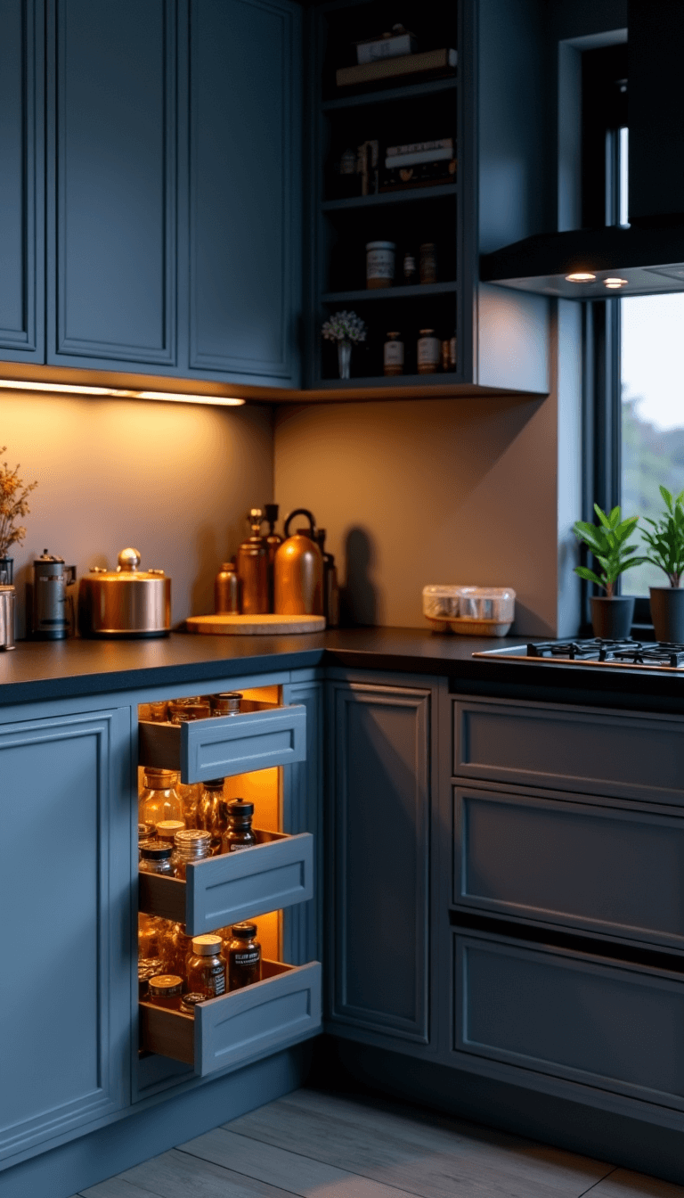 Modern kitchen corner with high-gloss taupe cabinets, matte black countertops, and organized pull-out pantry, accentuated by under-cabinet lighting during blue hour