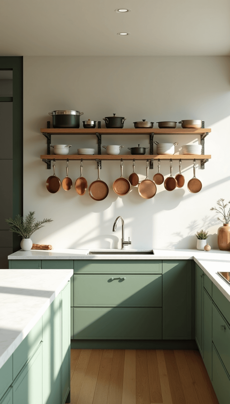 Aerial view of a U-shaped kitchen with sage green cabinets, white quartz countertops bathed in morning light, and a hanging pot rack showcasing copper cookware