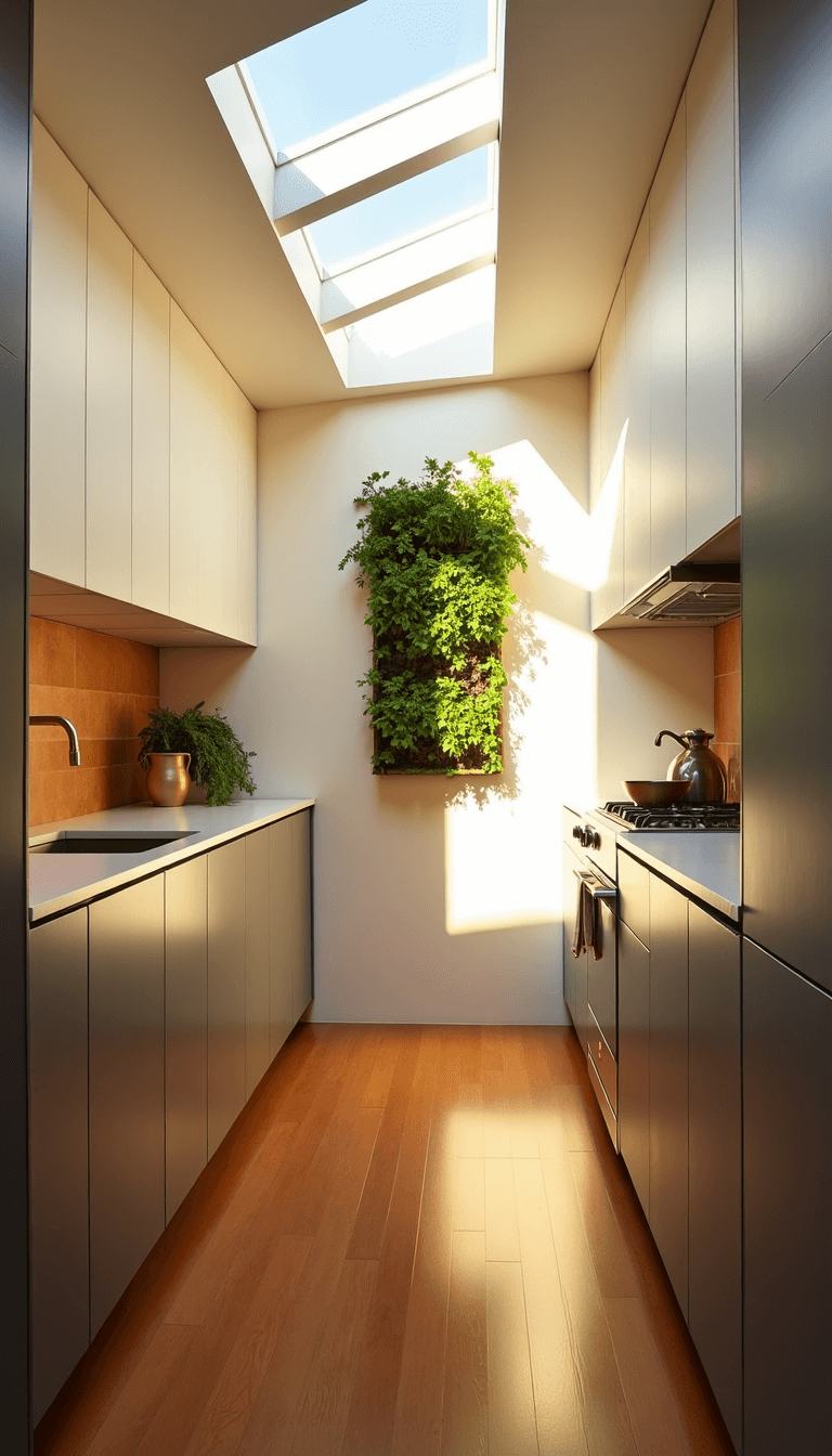 Sunset-lit galley kitchen with skylight shadows, two-tone cabinets, vertical herb garden, minimal styling featuring geometric ceramics and brass fixtures, emphasizing vertical lines and height