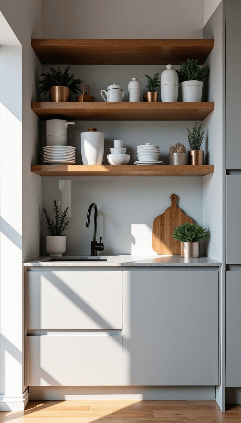 Bright, minimalistic compact kitchen with dove gray handleless cabinets, glass backsplash, smoked oak floating shelves displaying white dishes, small plants and metallic accessories at noon.