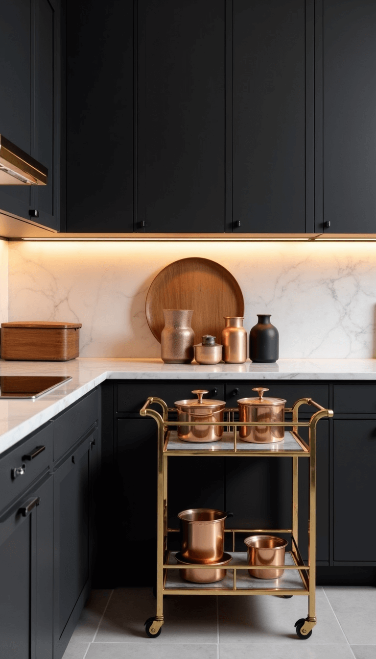 Twilight-lit kitchen workspace featuring matte charcoal cabinets, white marble countertops, stylish copper cookware, ceramic vessels and a slim brass and glass rolling cart