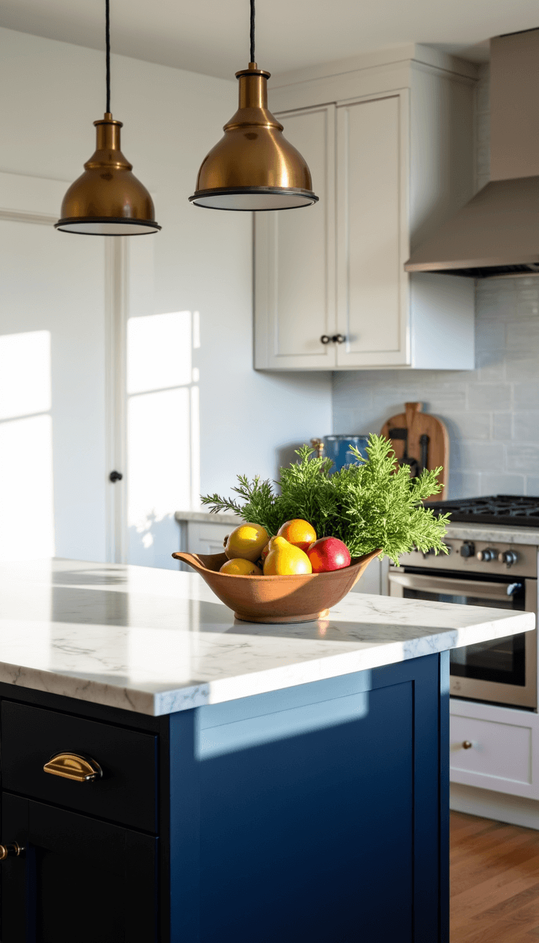 Compact kitchen island with a marble countertop, navy blue base cabinets, brass hardware, pendant lights, garnished with a ceramic fruit bowl and fresh herbs in morning light.
