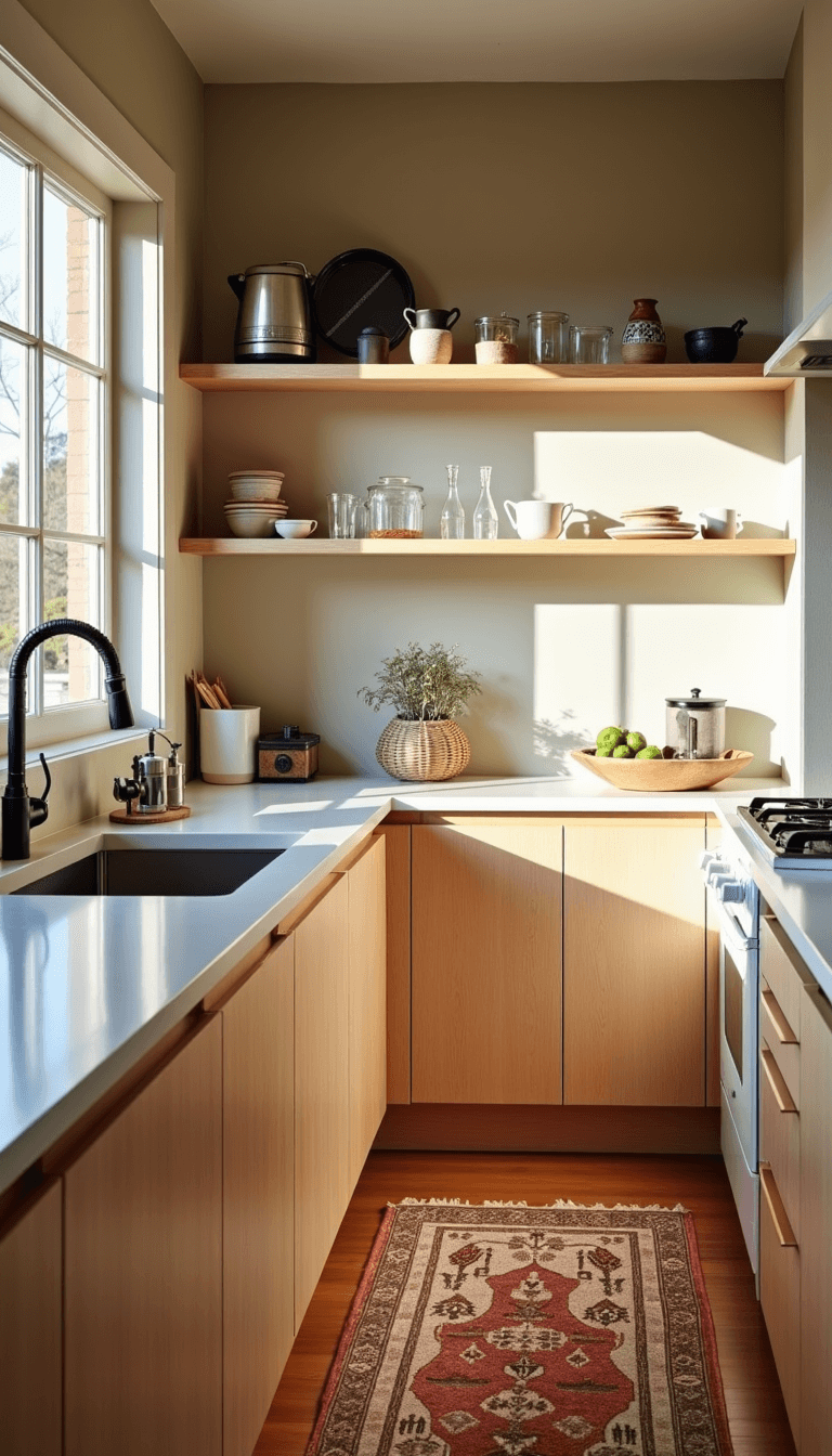 Modern kitchen corner at dawn with floor-to-ceiling windows, pale oak cabinets, open shelves with artisanal ceramics, and a vintage rug