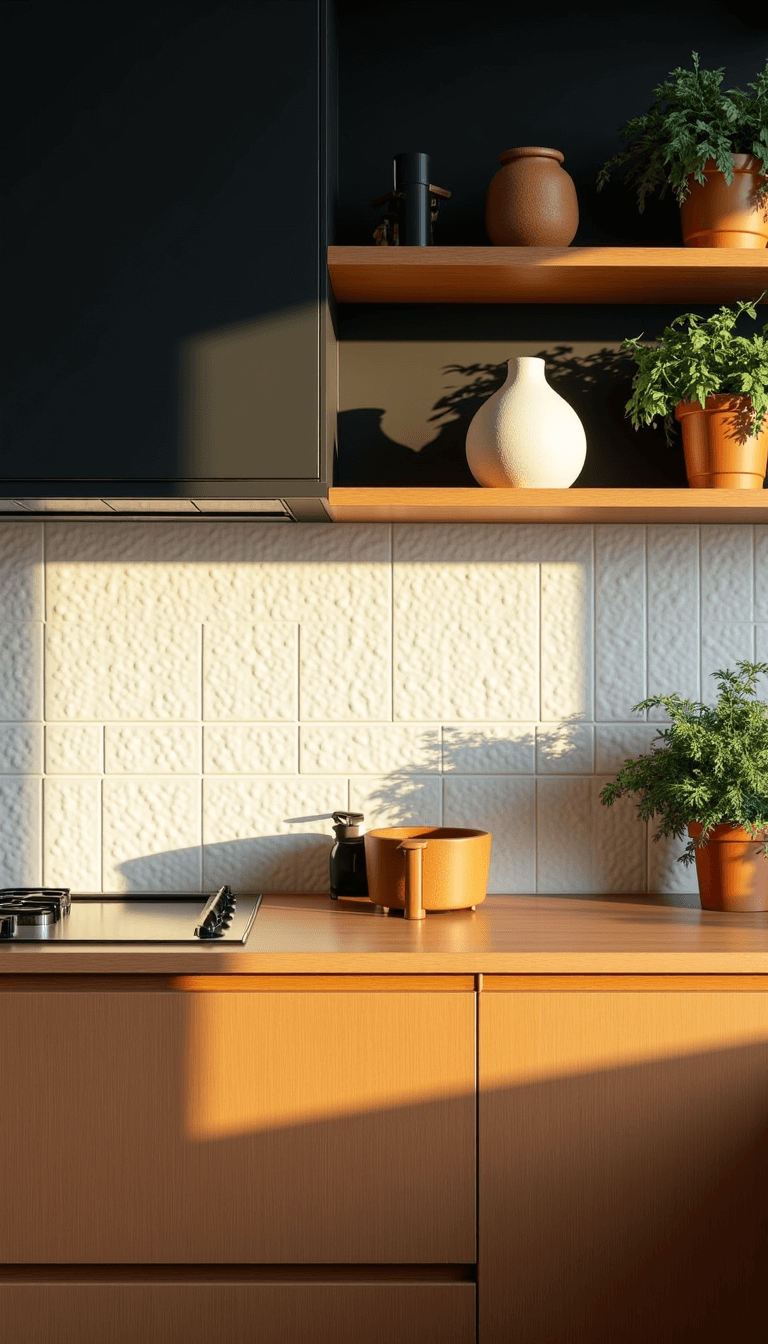 Close-up of white zellige kitchen backsplash bathed in golden hour light, contrasted with matte black and warm wood cabinets, displaying curated objects and plants on a floating shelf.