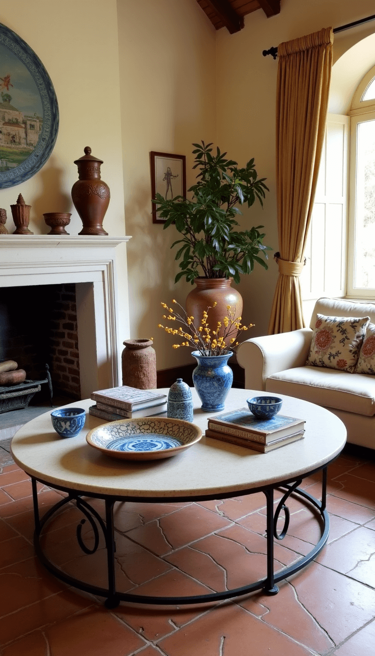 Aerial view of a Mediterranean villa living room bathed in mid-day sun, featuring terracotta floors, a round iron and stone coffee table with a hand-painted ceramic tray, blue and white pottery, travel books about Italy, carved wooden objects, and citrus branches in an earthenware vase. The room's sun-bleached neutral tones are highlighted with pops of azure and terracotta.