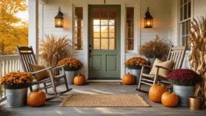 "Cozy farmhouse porch with wooden rocking chairs, vintage lanterns, heirloom pumpkins, burgundy mums in metal planters, and a sage green front door framed by corn stalks, bathed in golden hour sunlight."