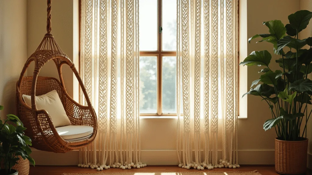 "Boho bedroom with macrame curtains, rattan chair, and monstera plants in afternoon sunlight"