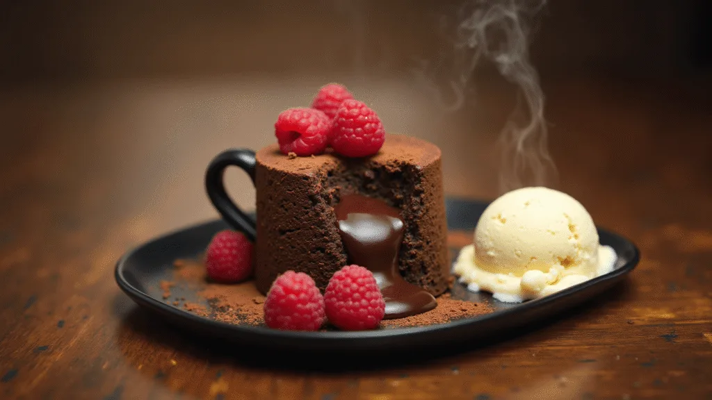 "Chocolate lava mug cake with molten center, fresh raspberries, cocoa powder, and melting vanilla ice cream on a rustic wooden table"