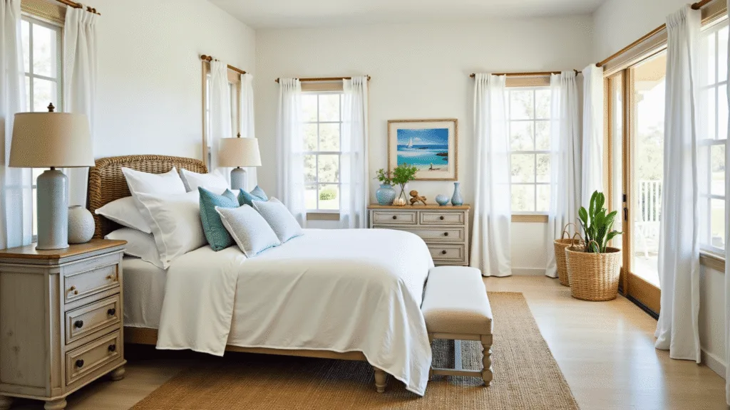 "Serene coastal bedroom interior with white linen bedding, sea glass blue accents, rattan headboard, and beach-themed decorations under soft natural light"