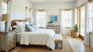 "Serene coastal bedroom interior with white linen bedding, sea glass blue accents, rattan headboard, and beach-themed decorations under soft natural light"