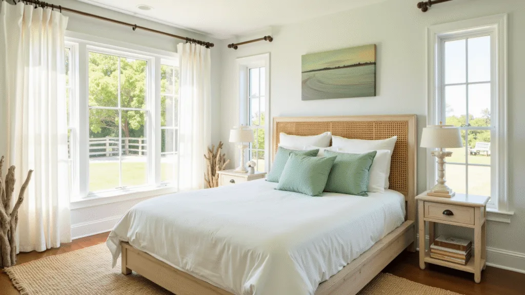 "Serene coastal bedroom with white linen bedding, seafoam green pillows, rattan headboard, and driftwood accents in morning light"