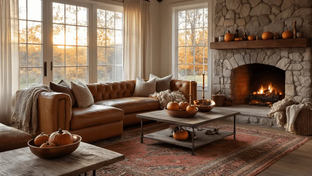 "Cozy autumn-themed living room with leather sectional, Persian rug, stone fireplace, brass candlesticks, ceramic pumpkins, dried oak leaves, and a copper bowl filled with pinecones in warm lighting."