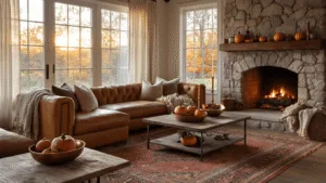 "Cozy autumn-themed living room with leather sectional, Persian rug, stone fireplace, brass candlesticks, ceramic pumpkins, dried oak leaves, and a copper bowl filled with pinecones in warm lighting."