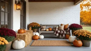 "Cozy autumn porch with whitewashed brick, pumpkins, and mums in golden hour lighting"