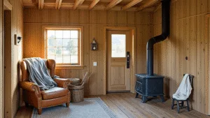 "Rustic cabin interior with wooden beams, vintage leather armchair, gray blankets, cast iron wood stove, raw edge wooden furniture, and woven baskets in golden hour light"