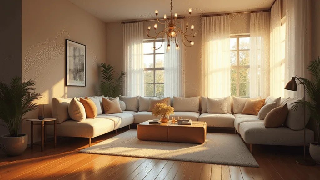 Creating a Cozy Living Room: The Ultimate Lighting Guide "Cozy living room with golden hour lighting, brass chandelier, table lamps, cream walls, and warm copper accents"
