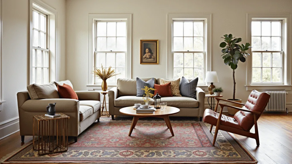 "Cozy living room with warm natural light streaming through windows, featuring oatmeal sectional sofa, weathered leather armchair, layered Persian rugs, brass accents, vintage pottery, and soft textiles during golden hour."