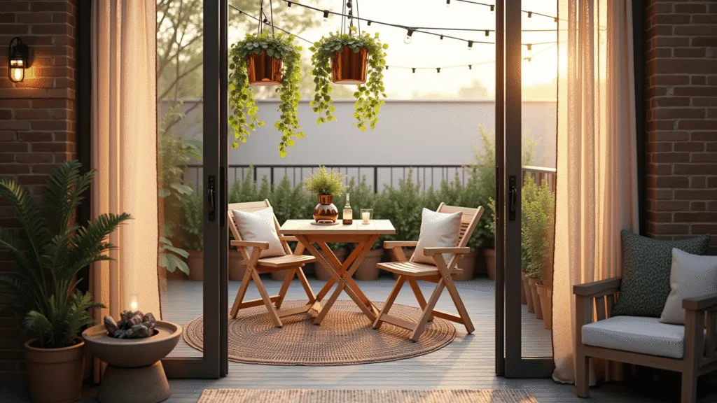 "Cozy urban apartment patio with teak bistro set, hanging pothos planters, string lights, outdoor rugs and sheer curtains in golden sunlight"