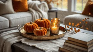 "Vintage brass tray with velvet pumpkins and mercury glass candles on a fall-themed coffee table"
