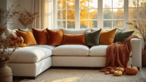 "Cozy living room with a cream-colored sofa decorated with fall-themed pillows, sunlit interior and autumnal decor"