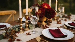 "Harvest themed wedding tablescape with burgundy dahlias and gold candlesticks at golden hour"