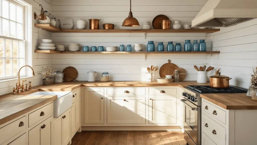 "Small farmhouse kitchen with white shiplap walls, cream cabinets, wooden countertops, vintage pottery on open shelves, and blue mason jars in golden hour lighting"