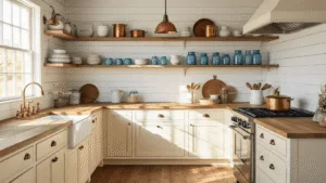 "Small farmhouse kitchen with white shiplap walls, cream cabinets, wooden countertops, vintage pottery on open shelves, and blue mason jars in golden hour lighting"