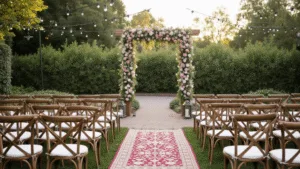 "Dreamy garden wedding setup with wooden chairs, floral arch, vintage Persian rugs, and market lights at sunset"