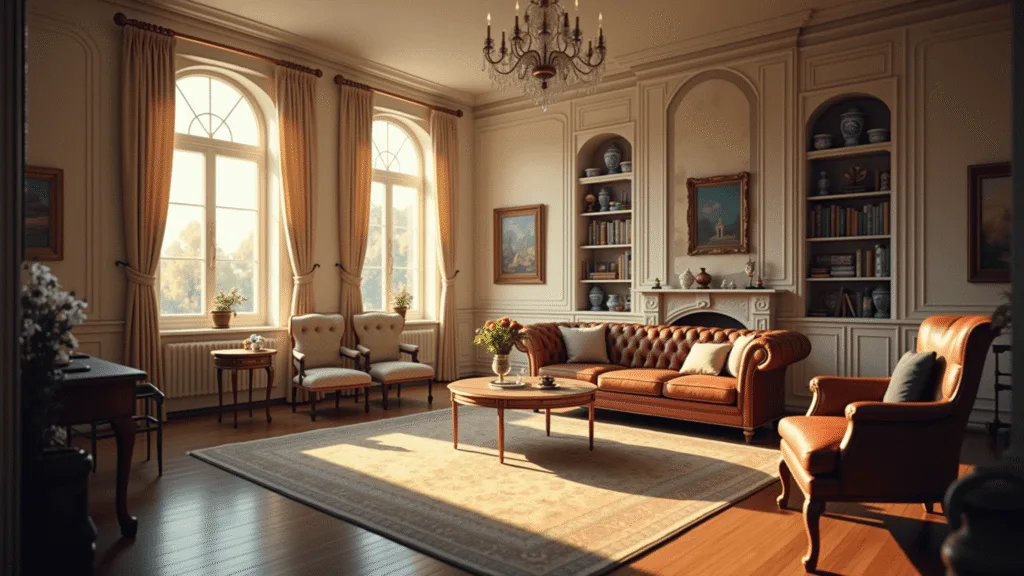 "Elegant Georgian-style living room with warm sunlight, vintage furniture, Persian rug, crystal chandelier, and blue porcelain collection"